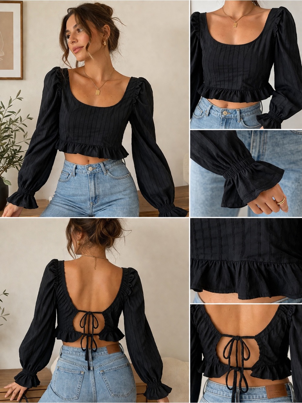 Topshop Black Peasant Crop Top Puff Sleeve Tie Back Ruffle Hem Size 12
